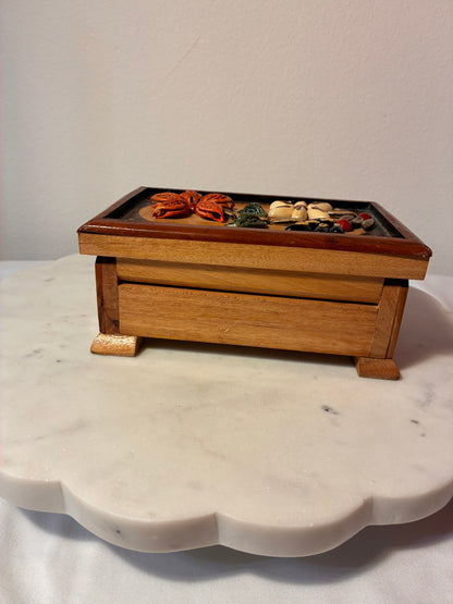 Vintage Handmade Wooden Trinket Box with Botanical Seed Art