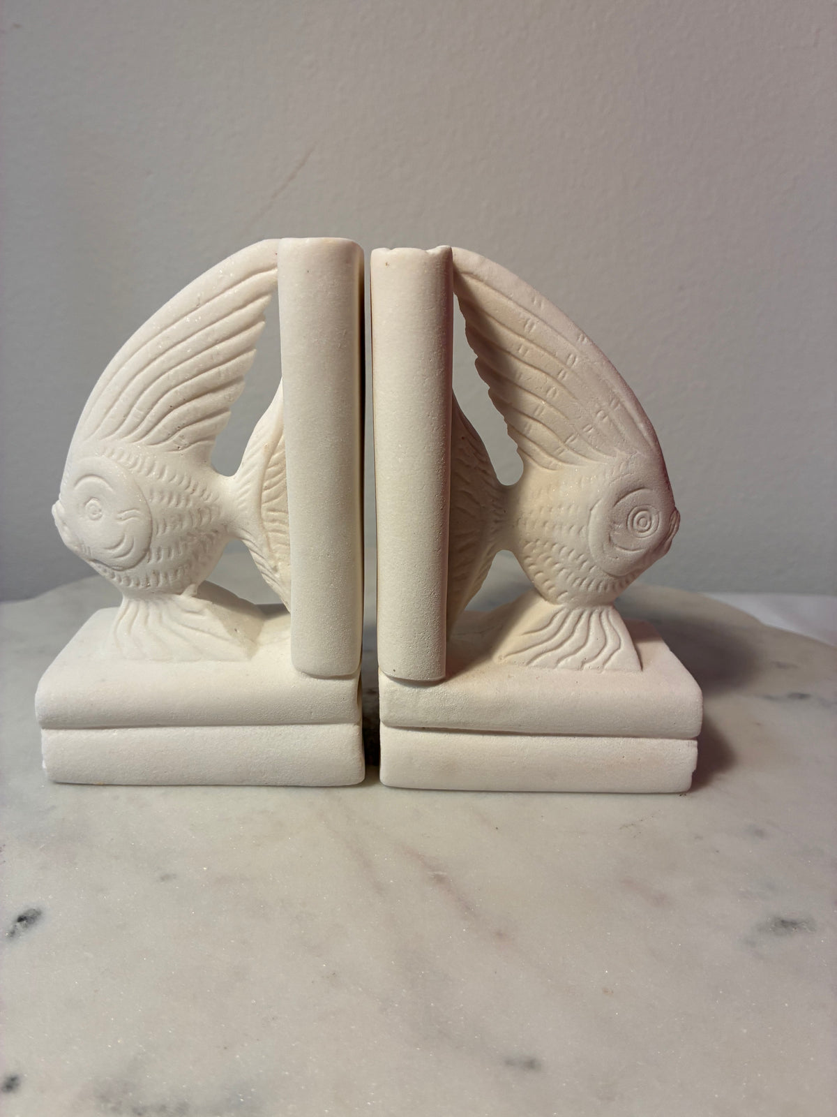 Vintage Cream Sculptural Fish Bookends – Coastal Library Décor