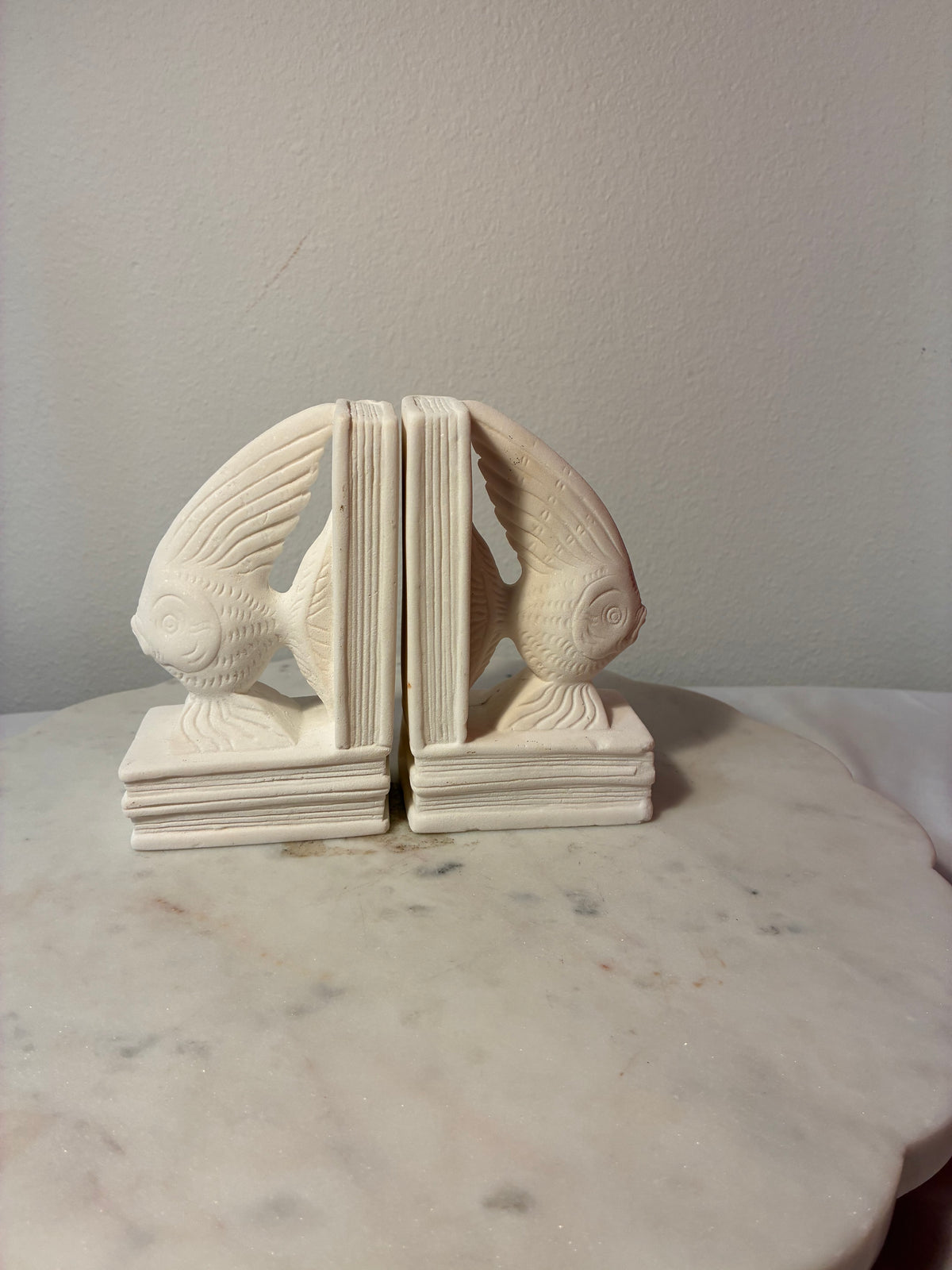 Vintage Cream Sculptural Fish Bookends – Coastal Library Décor