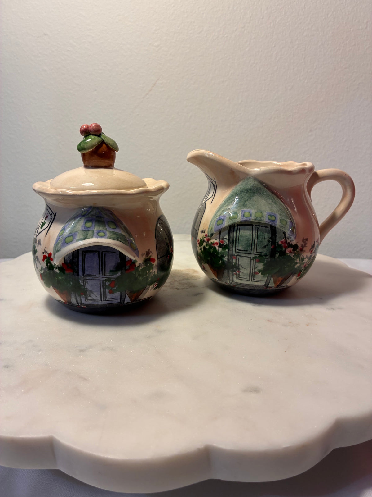 Signed Hand-Painted Cottage Creamer & Sugar Bowl Set
