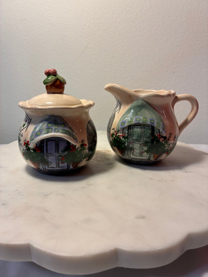 Signed Hand-Painted Cottage Creamer & Sugar Bowl Set