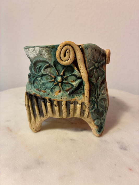 Signed Handmade Turquoise Floral Studio Pottery Planter