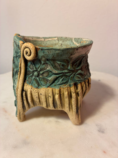 Signed Handmade Turquoise Floral Studio Pottery Planter