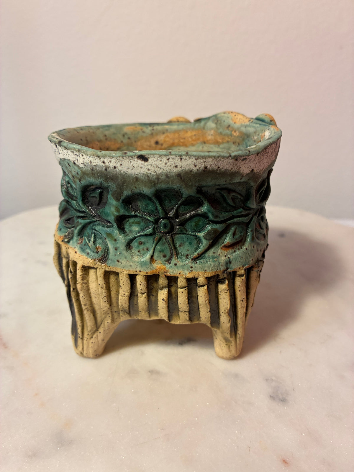 Signed Handmade Turquoise Floral Studio Pottery Planter