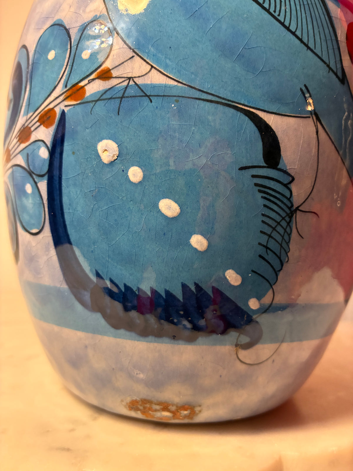 Signed Mexican Folk Art Blue Bird Ceramic Vase