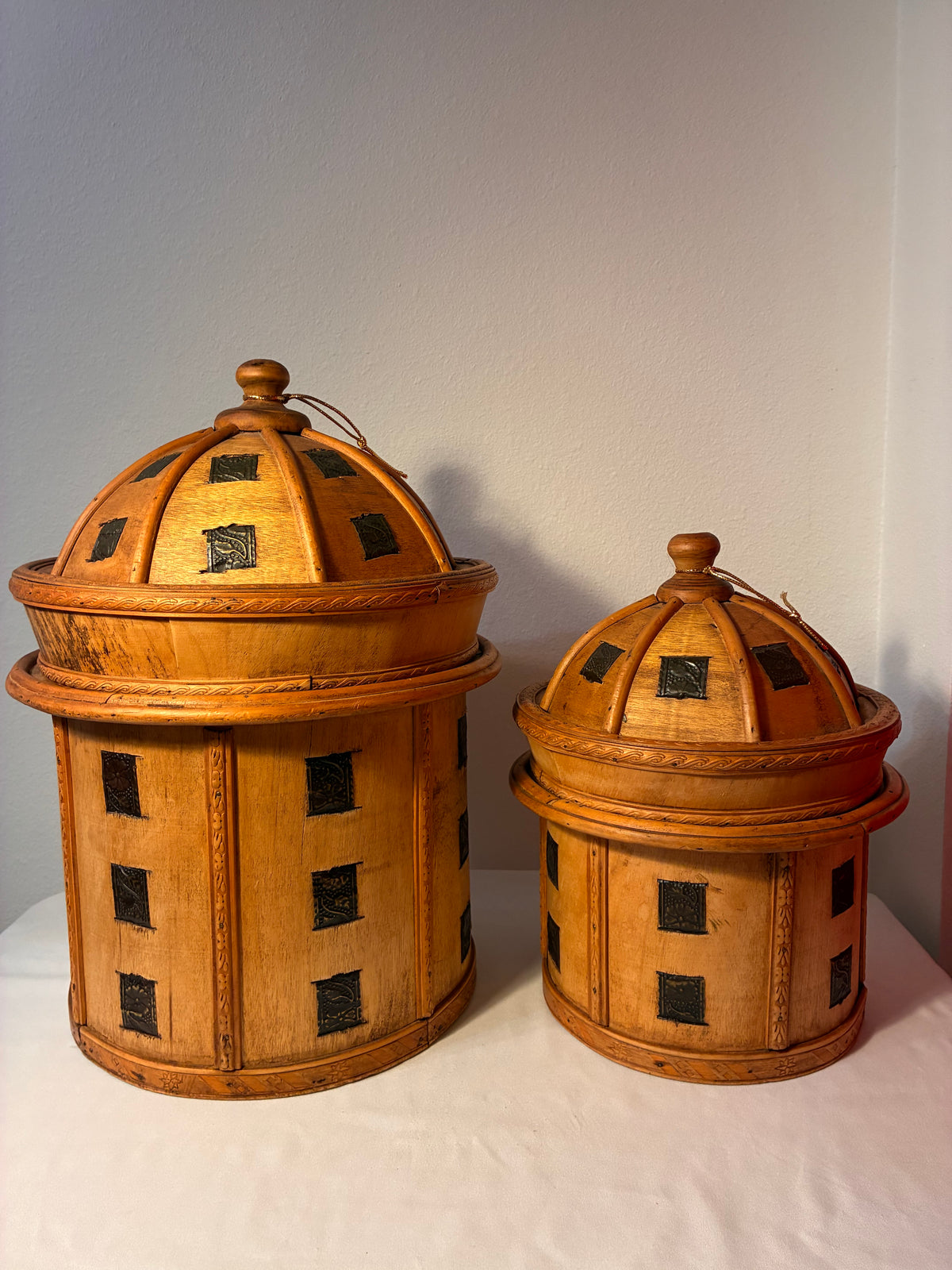 Vintage Wood-and-Metal Inlay Canister Set – Nested Pair