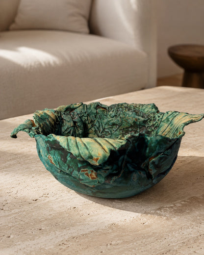 Signed Handmade Botanical Studio Pottery Bowl – Verdigris Green