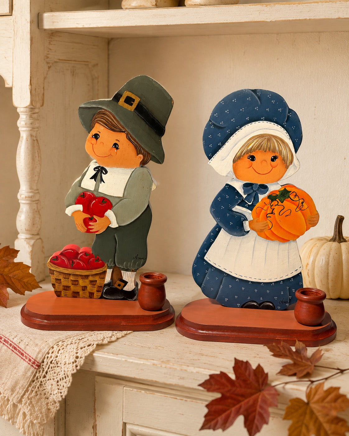 Signed Ann Hand-Painted Wooden Pilgrim Candleholders – Thanksgiving Pair