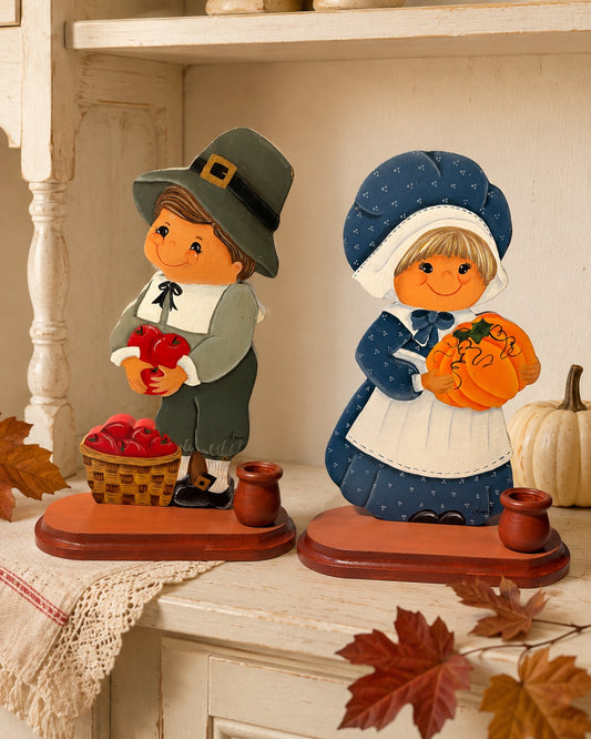 Signed Ann Hand-Painted Wooden Pilgrim Candleholders – Thanksgiving Pair
