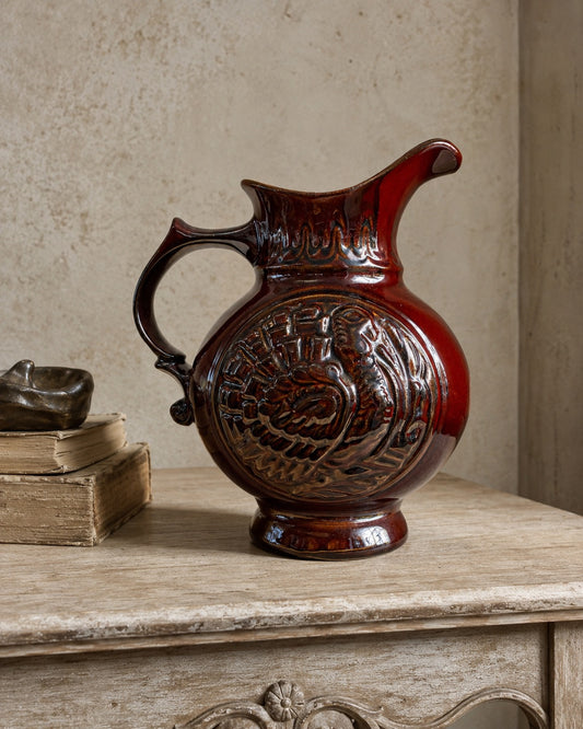 Vintage ©1968 USA Turkey Relief Ceramic Pitcher – Brown Glaze