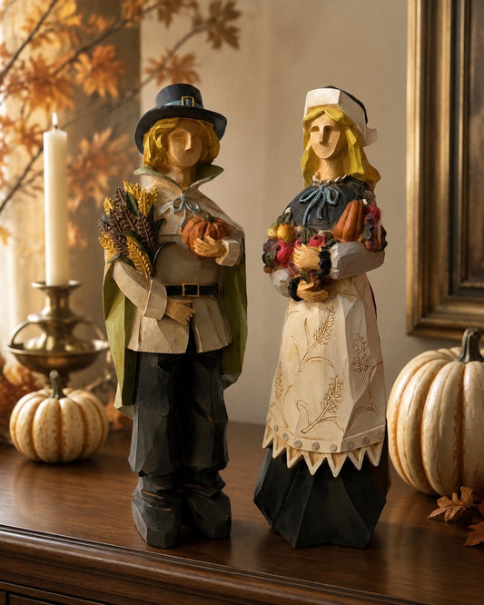 Large Folk-Art Thanksgiving Pilgrim Figurines – Matching Pair