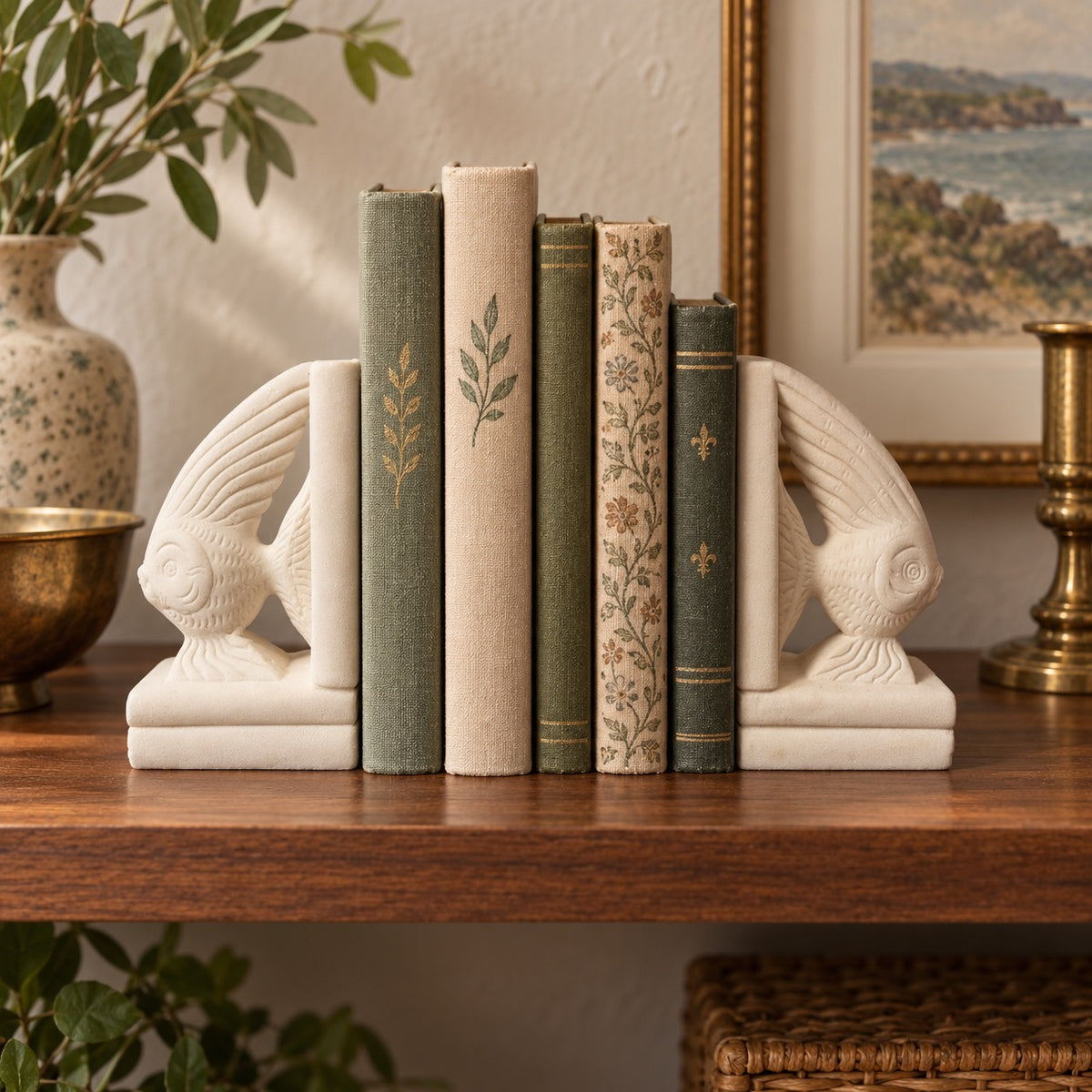 Vintage Cream Sculptural Fish Bookends – Coastal Library Décor