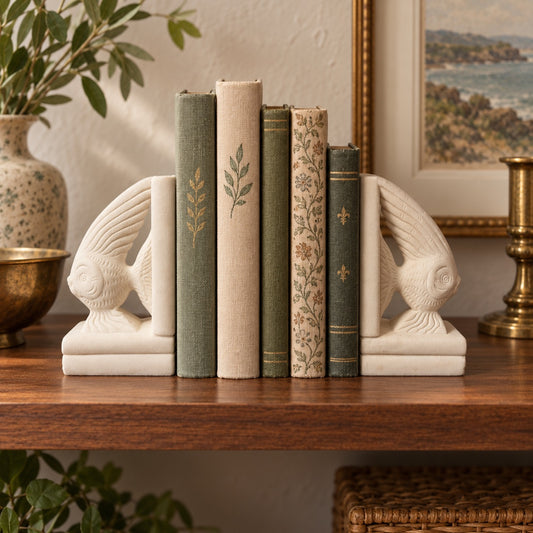 Vintage Cream Sculptural Fish Bookends – Coastal Library Décor