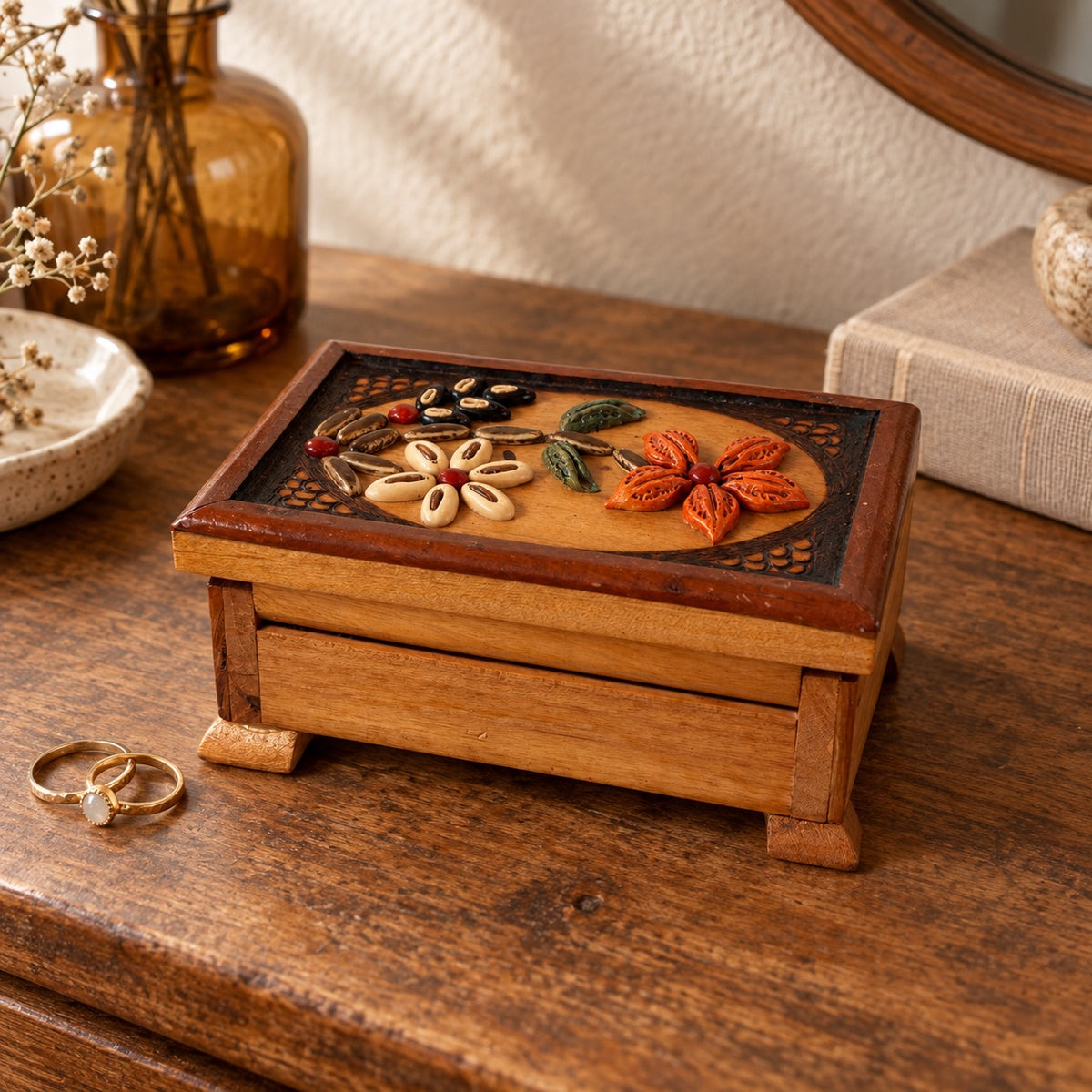 Vintage Handmade Wooden Trinket Box with Botanical Seed Art