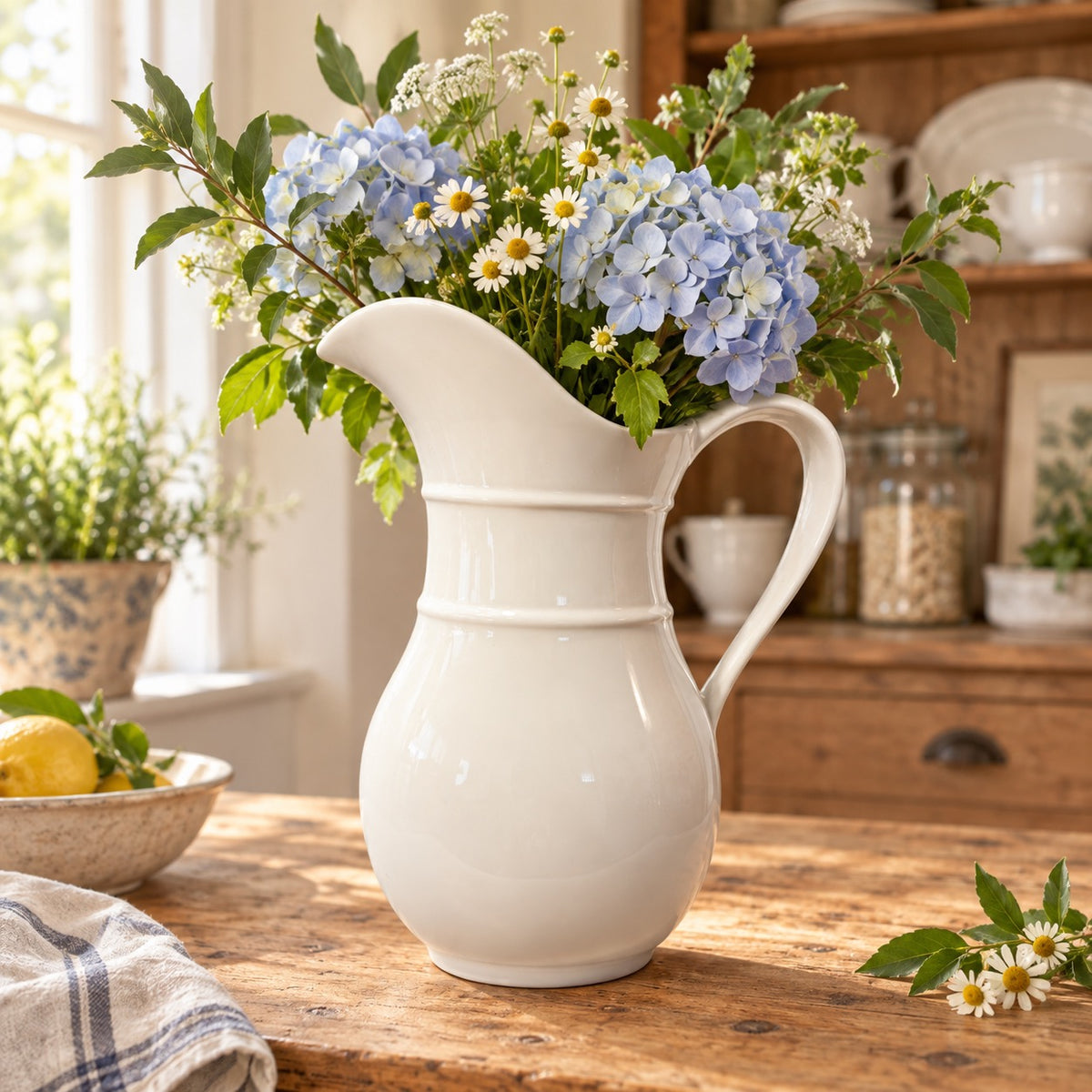 Large Vintage White Ceramic Pitcher Vase – English Cottage Style