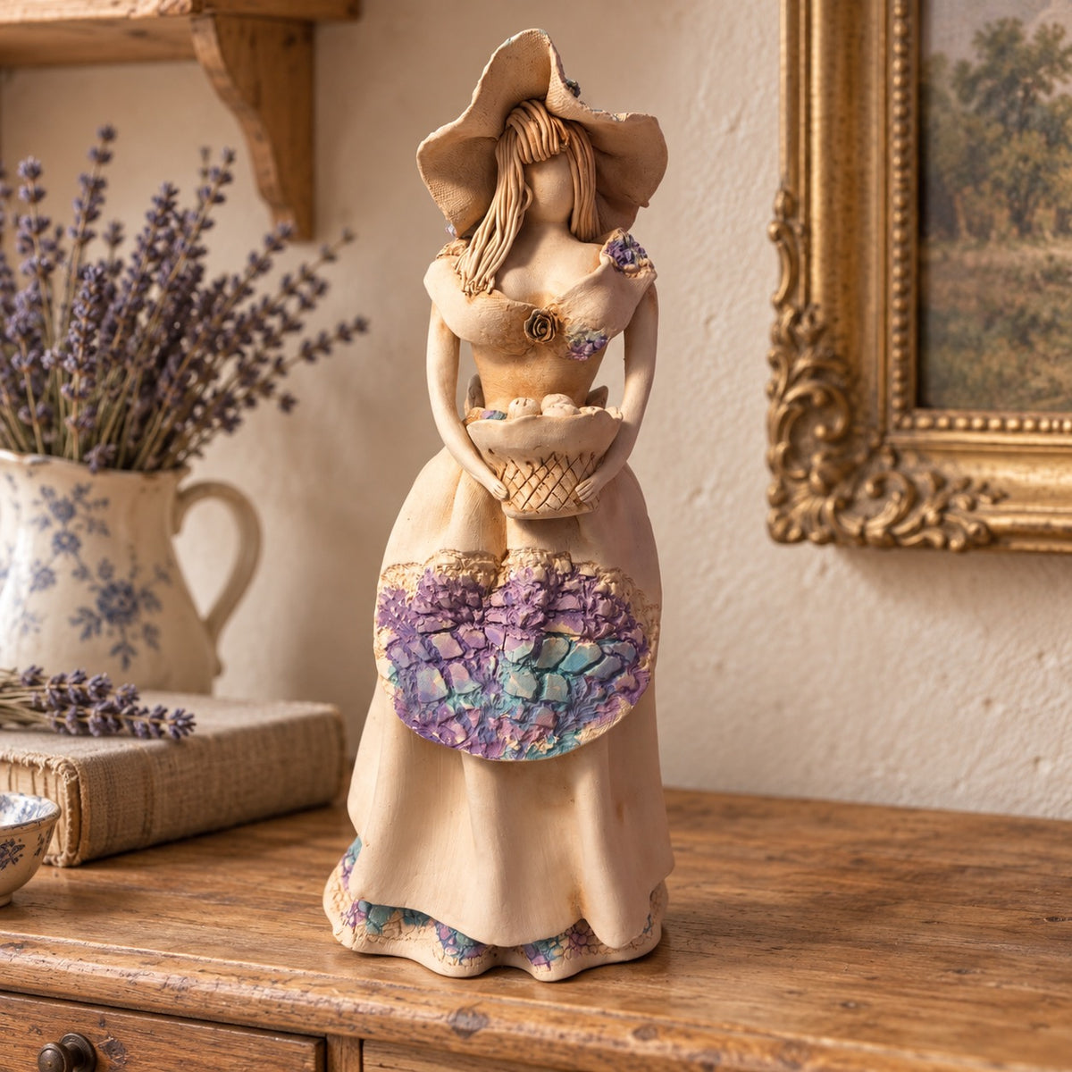 Handcrafted Clay Folk-Art Lady with Basket Figurine