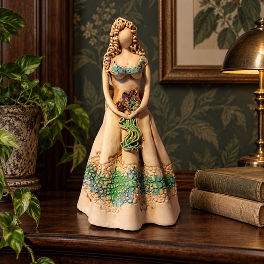 Large Handcrafted Clay Lady with Floral Bouquet Figurine
