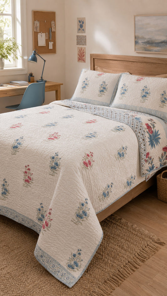 Indian Hand-Block Printed Reversible Floral Quilt Set with 2 Shams – Blue & Coral