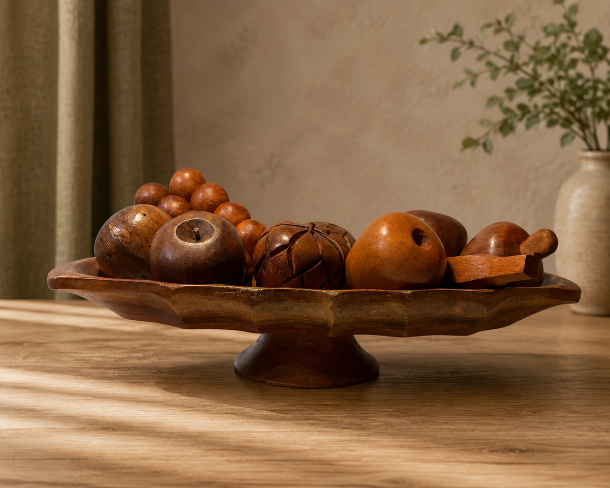 Vintage Monkey Pod Wood Pedestal Bowl with Hand-Carved Fruit – Philippines