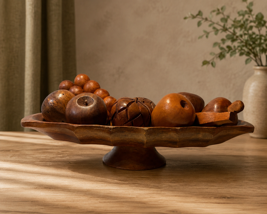 Vintage Monkey Pod Wood Pedestal Bowl with Hand-Carved Fruit – Philippines