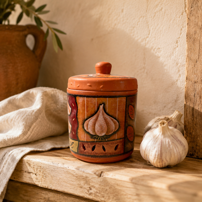 Vintage Hand-Painted Terracotta Garlic Keeper with Lid