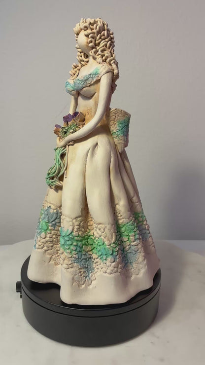 Large Handcrafted Clay Lady with Floral Bouquet Figurine